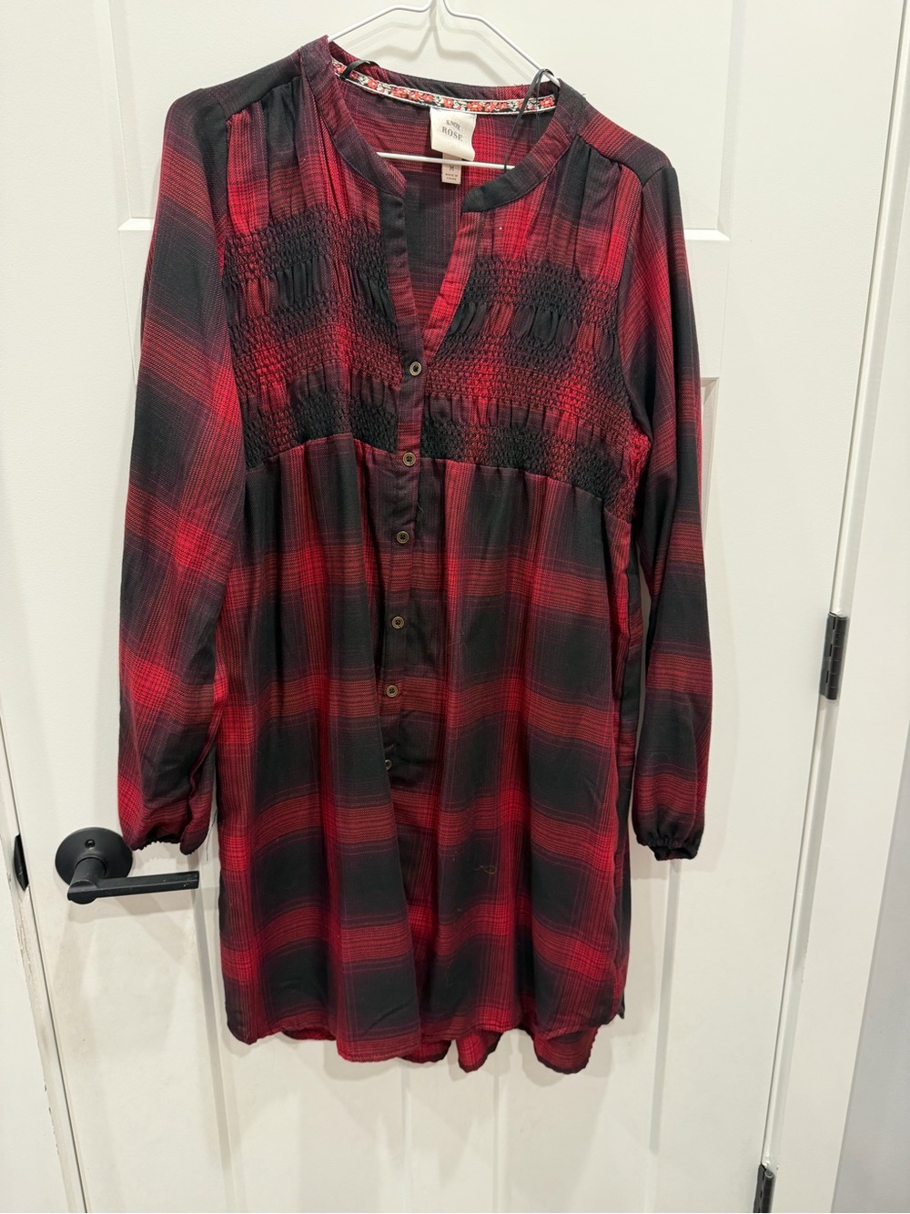 Knox Rose Red and Black Plaid Button-Front Smocked Waist Dress
